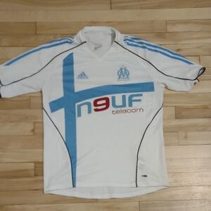 Adidas White and Light Blue OM Soccer Jersey